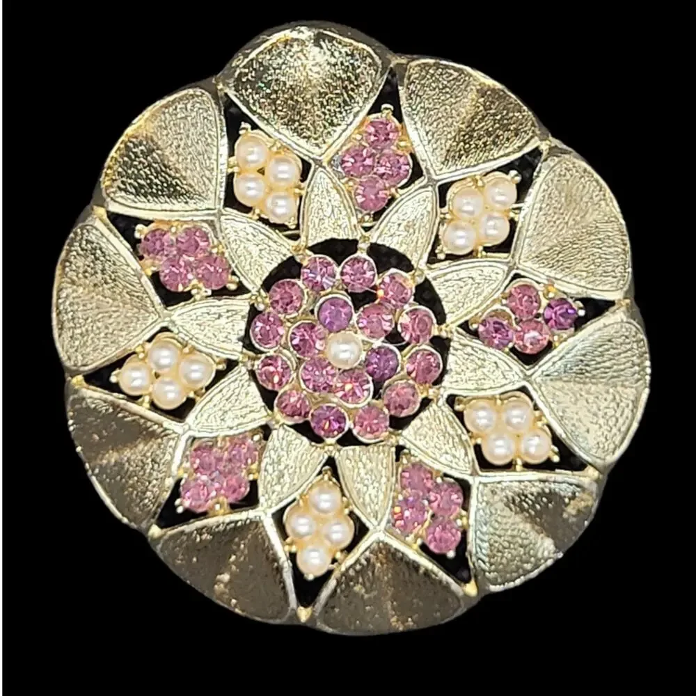 Dreamy 1960s Floral Starburst Brooch Gold Tone Purple Rhinestone‎ Pearl Glow